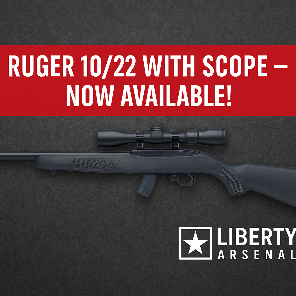 Promotional image of the Ruger 10/22 Carbine with a mounted Viridian EON scope, displayed on a dark background with bold red text reading 